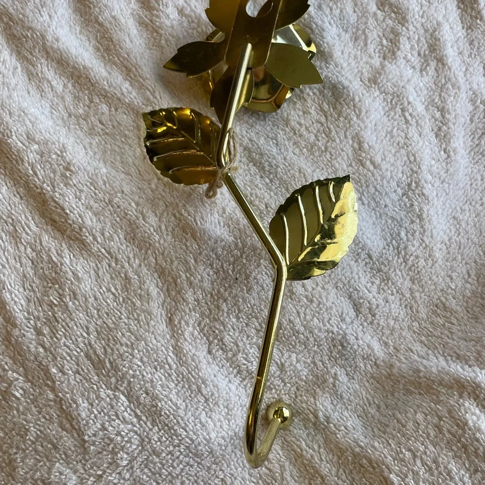 Gold Metal Floral Decorative Wall Hooks Set of 2 Vintage Polished Flower Design
